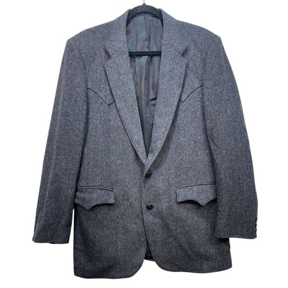 Vintage Circle S Mens Herringbone Blazer Jacket 40L Gray Wool Blend Cowboy Weste - Picture 1 of 16